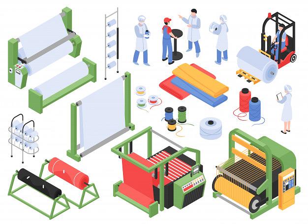 Set Isometric Textile Factory Production Isolated S With Industrial Machinery Storage Facilities Personnel Characters 1284 2775